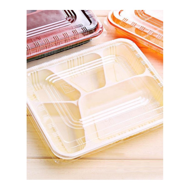 打包盒 便当盒 一次性餐盒带盖 便当套餐碗 浅底套餐盒 五格外卖饭盒 塑料餐具-浅底薄盖黄白100套