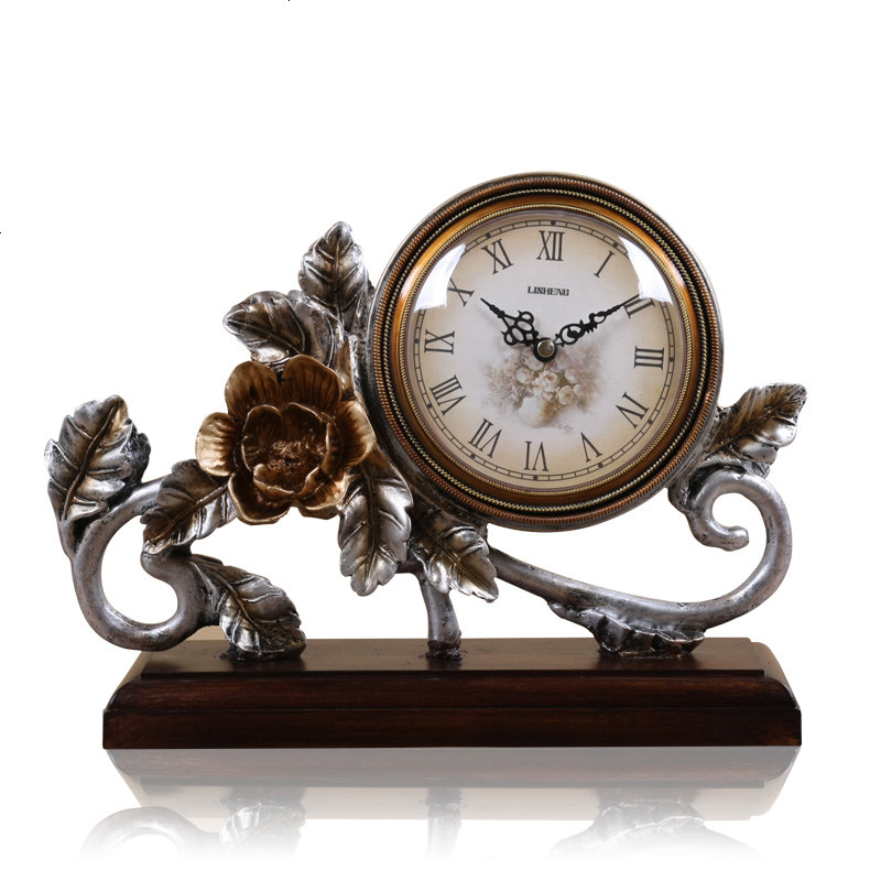 玫瑰花欧式时钟床头座钟创意坐钟摆件时尚静音台面钟 棕色