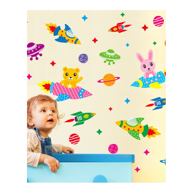 墙贴纸贴画动物卡通可爱宝宝儿童房间幼儿园布置墙壁装饰飞机飞船