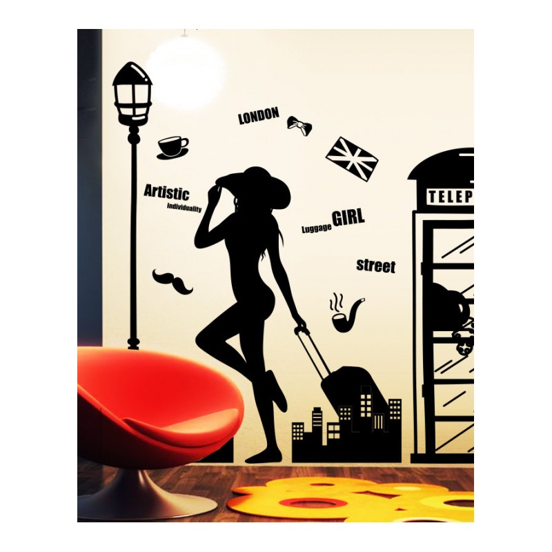墙贴纸贴画个性创意简约美女旅行电话亭城市黑白剪影客厅沙背景