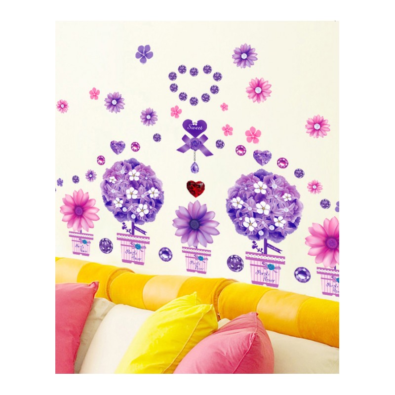 可移除墙贴画贴纸幼儿园花盆盆栽儿童房间卧室墙面装饰创意钻石花