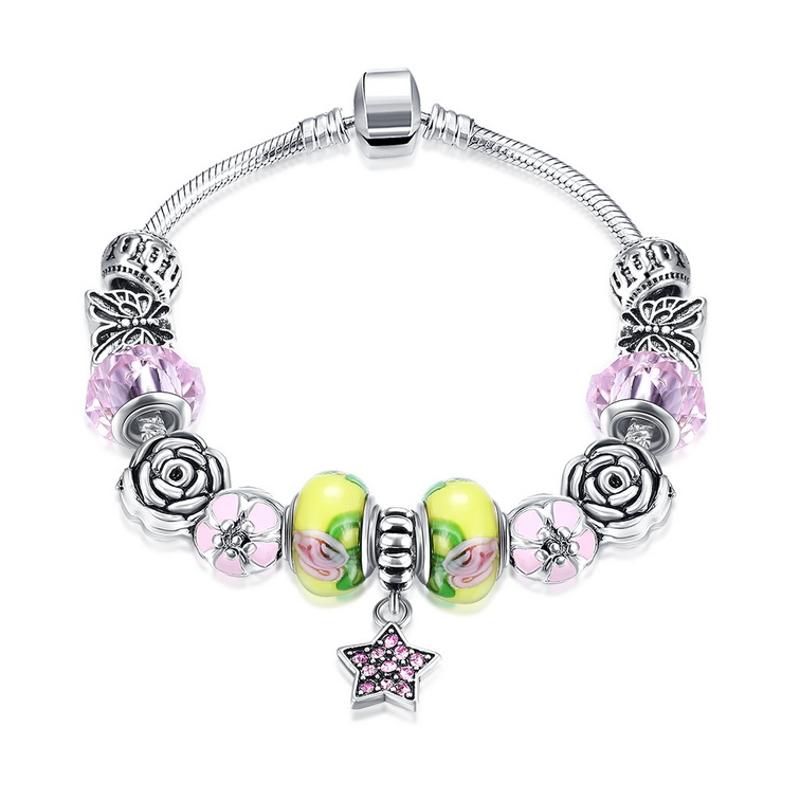 H054 Fashion Bracelet粉色玻璃珠复古镀纯银饰品女欧美个性手链送女朋友七夕情人节礼物