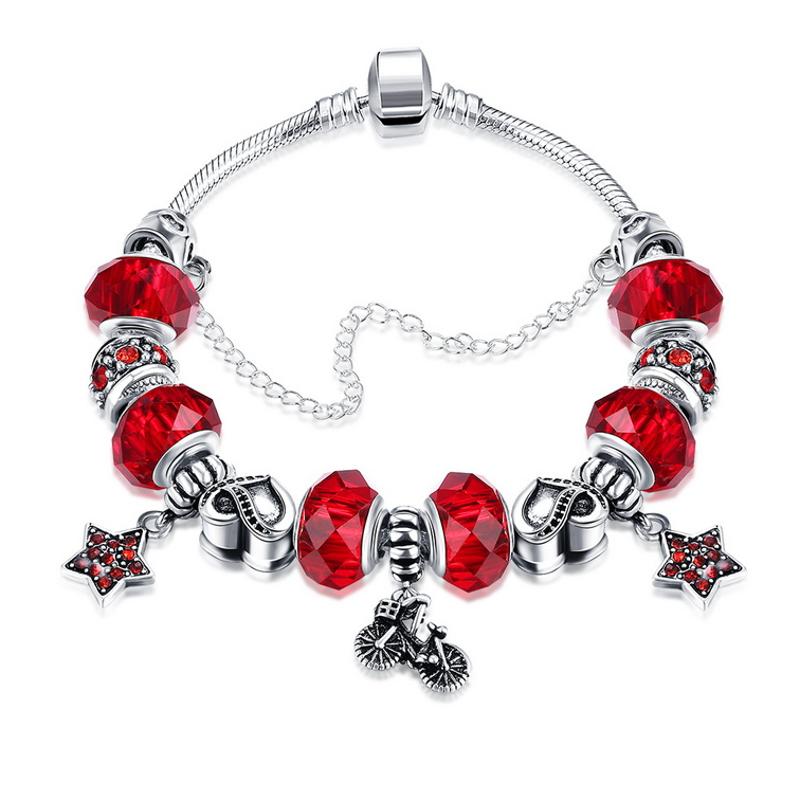 H063 Fashion Bracelet红色玻璃珠复古镀纯银饰品女欧美个性手链送女朋友七夕情人节礼物