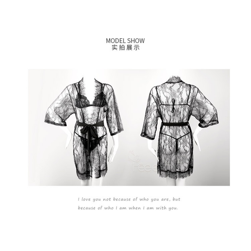 大码性感情趣内衣服开档露胸三点式睫毛蕾丝透明睡袍制服激情套装