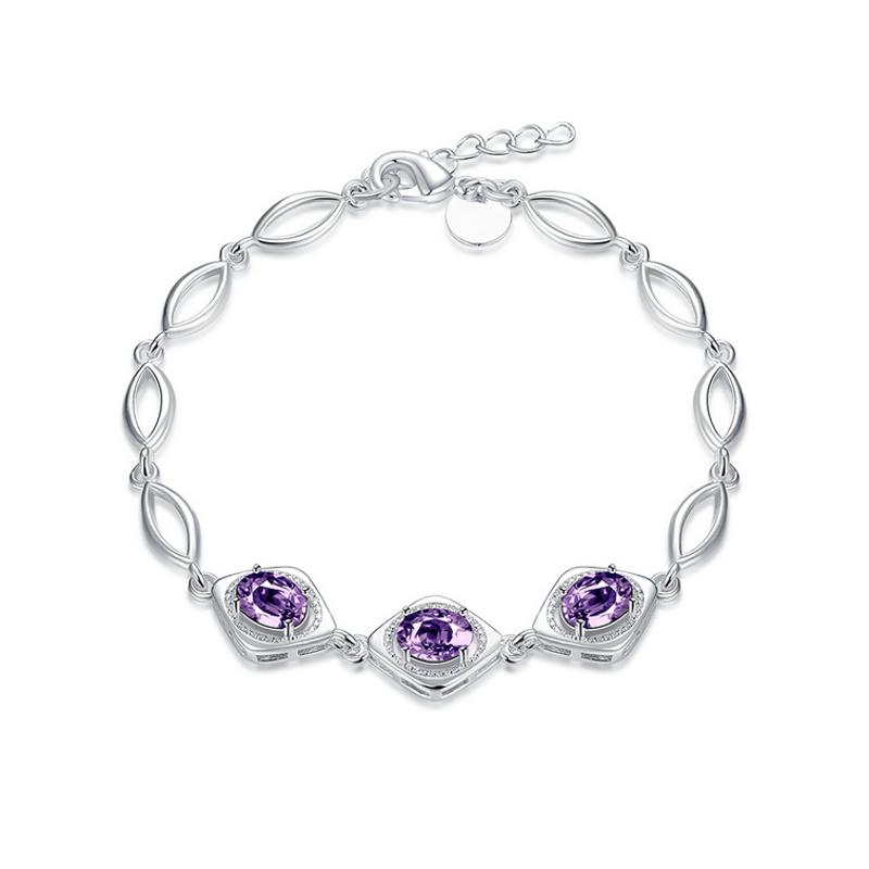 H494Women Silver Bracelet女生饰品气质紫锆石手链镀925纯银复古送女朋友七夕情人节礼物