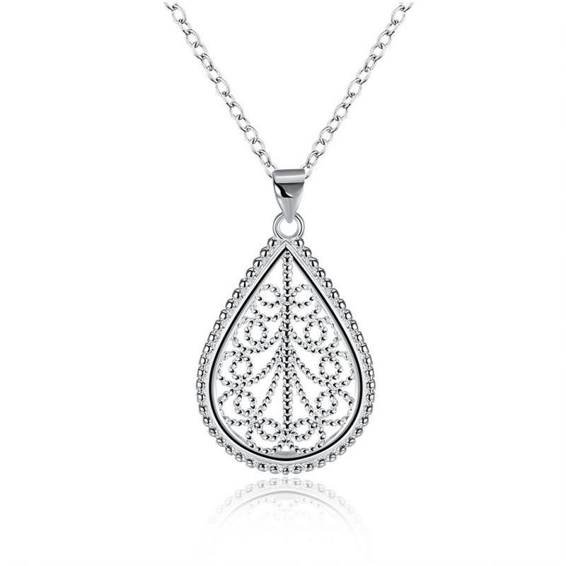 N854Women Silver Necklace 镀纯银日韩镂空水滴坠女水晶项链送女朋友七夕情人节礼物