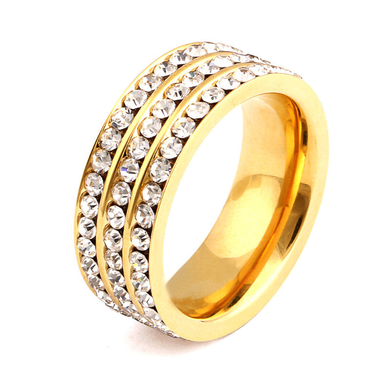 新款时尚3排钻不锈钢金色戒指指环女士戒子生日礼物YWZJ5648送女朋友七夕情人节礼物