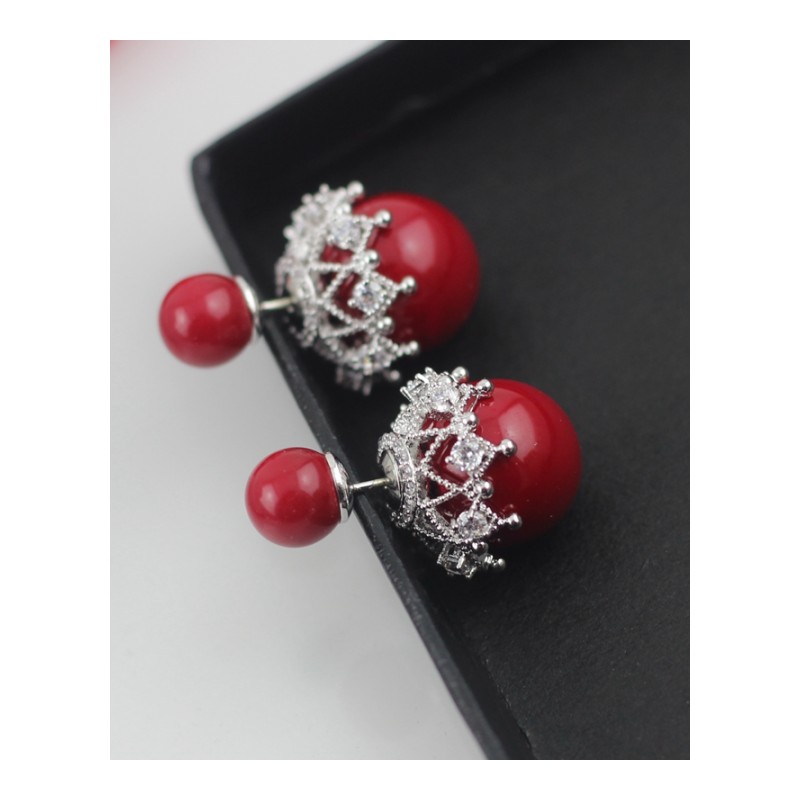 红色圆珠耳钉双圆球耳坠女款两用耳环饰品送女朋友七夕情人节礼物