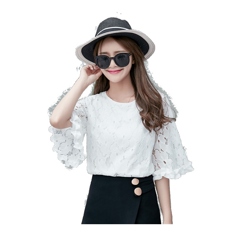 夏季韩版荷叶袖雪纺衫女圆领短袖白色蕾丝打底衫喇叭袖上衣潮