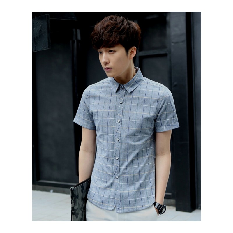 夏季格子短袖衬衫男韩版修身型纯棉薄款青少年休闲学生衬衣潮