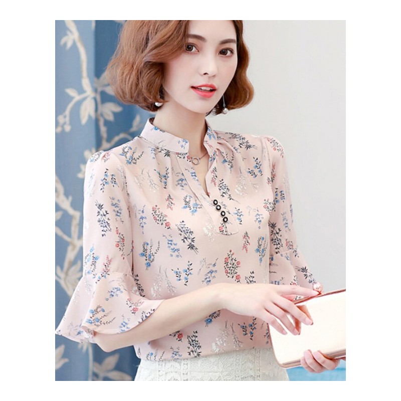 中袖条纹雪纺衬衫女士夏装2018韩版短袖娃娃衫上衣服百搭衬衣