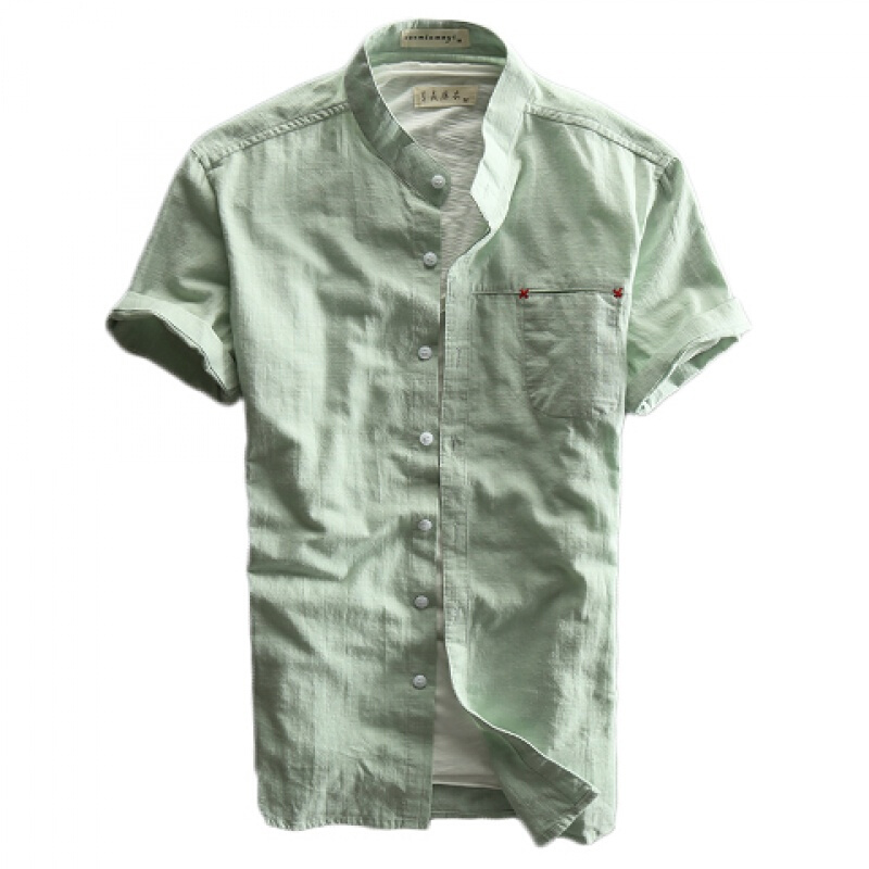 2018夏季男士休闲短袖亚麻衬衫立领修身棉麻布上衣透气半袖男衬衣清水绿L(120-130斤左右)