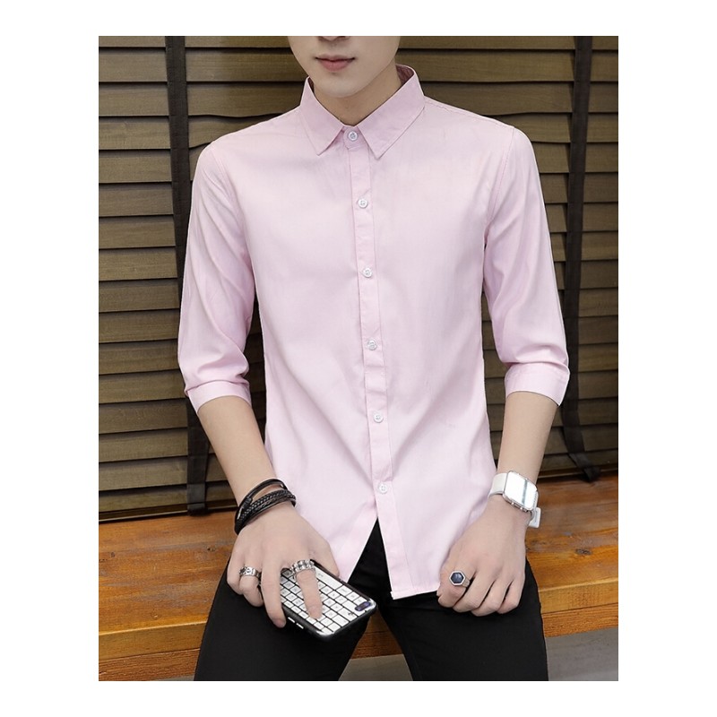 七分袖衬衫男青少年韩版修身纯色休闲夏季衬衣帅气中袖商务白寸衫