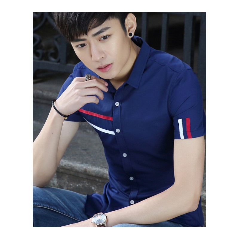 夏季短袖衬衫韩版修身纯色男士衬衣休闲百搭白色寸衫蓝色(尊域328)