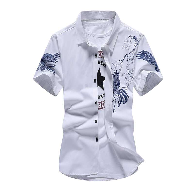 夏季免烫学生短袖衬衫男韩版修身款印花衬衣青少年流行潮寸衫男装白色