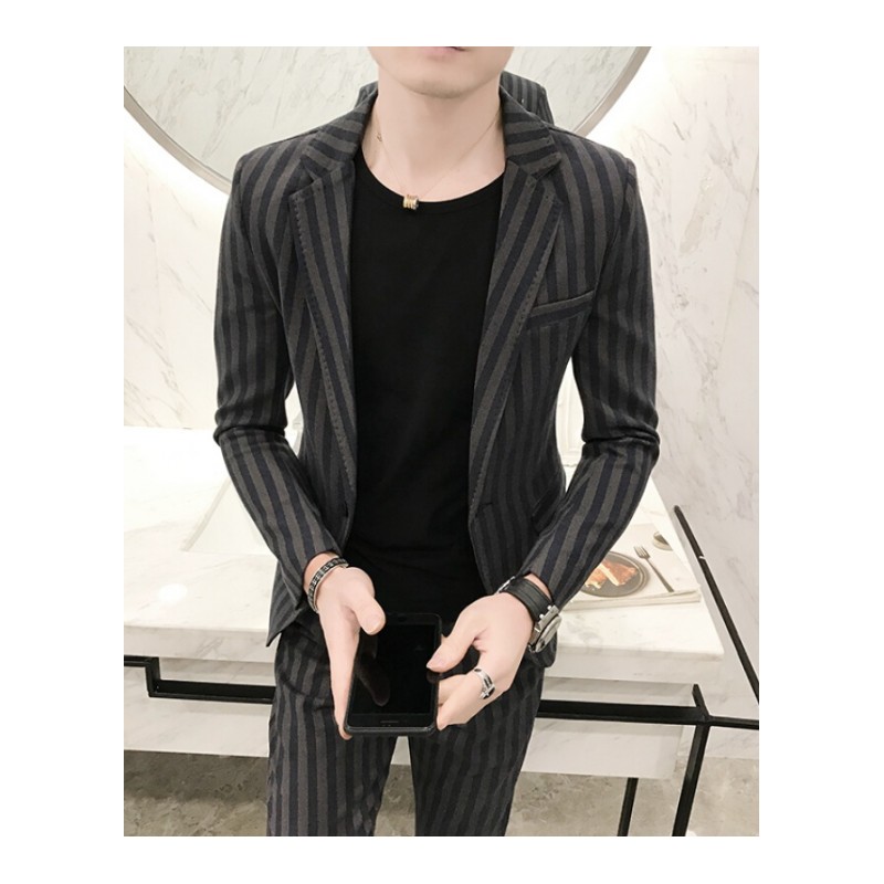韩版夜店潮男秋季条纹修身西服套装青年型师小西装两件套工作服