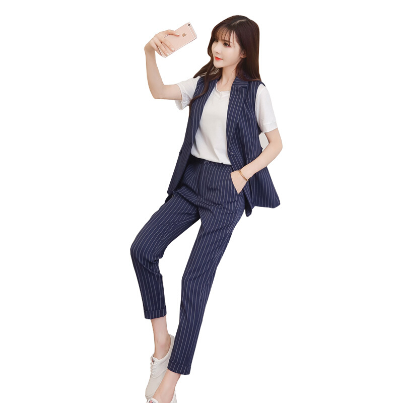 韩版时尚气质条纹休闲小西装马甲OL职业工作服两件套装女九分裤夏