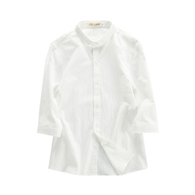 夏季亚麻衬衫白色七分袖上班工作服中袖衬衣男修身休闲棉麻短袖潮白色