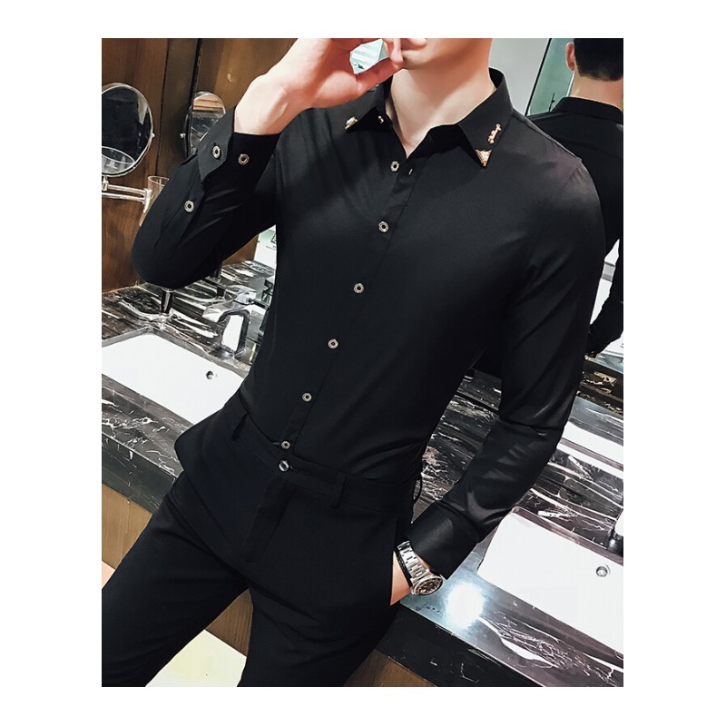 18春季韩版修身黑衬衫男短袖潮男白长袖衬衫型师七分袖免烫中袖