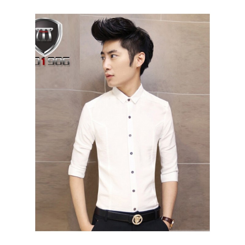 夏季韩版男士亚麻短袖衬衫薄修身寸衣七分袖衬衣休闲棉麻半袖寸衫7分袖花白色