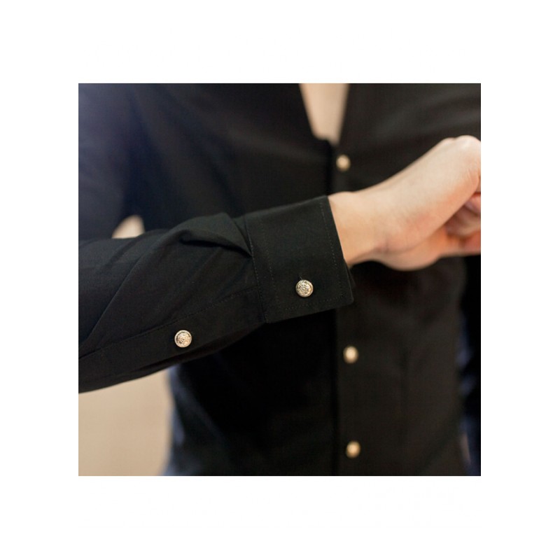 秋季韩版男士紧身立领长袖衬衫型师V领修身型衬衣美店工作服