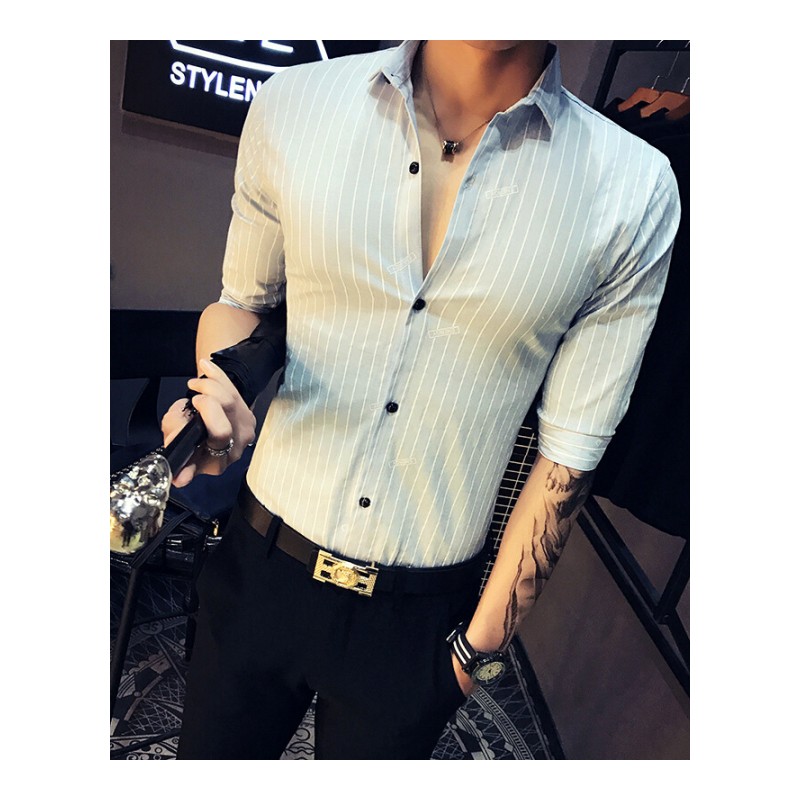 男士衬衫短袖2017新款潮流修身5分7分袖个性潮男夜场男装个性帅气