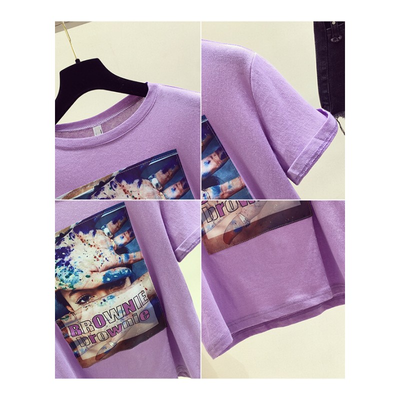 紫色T恤女短袖2018夏季新款韩版宽松印花半截袖体恤ins超火的上衣