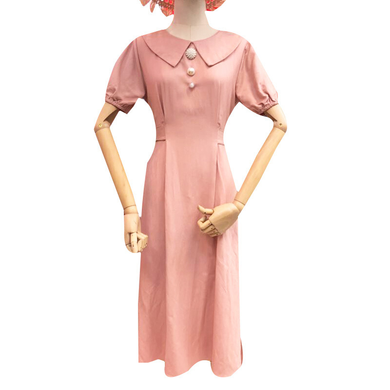 纯色娃娃领短袖连衣裙2018夏装新款时尚韩版淑女风中长款裙子女装果粉均码