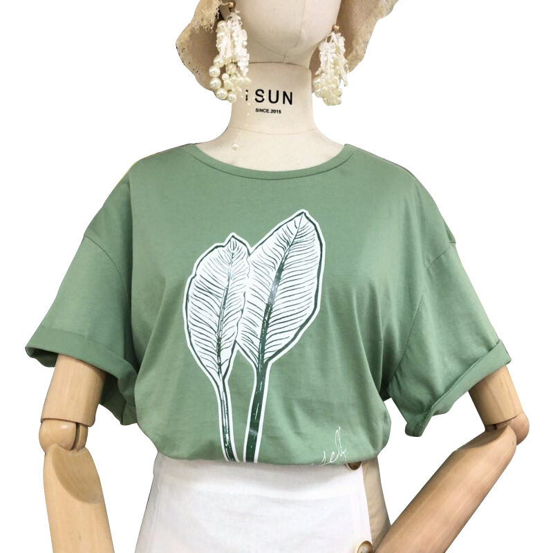 特惠2018夏装印花T恤女短袖宽松休闲打底衫韩版学生半袖体恤上衣绿色均码
