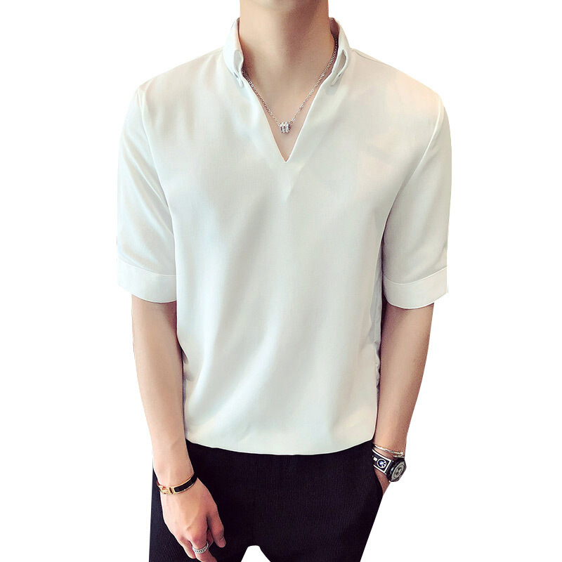 纯色V领短袖衬衫韩版潮流半袖衬衣男士宽松五分中袖寸衣休闲衣服