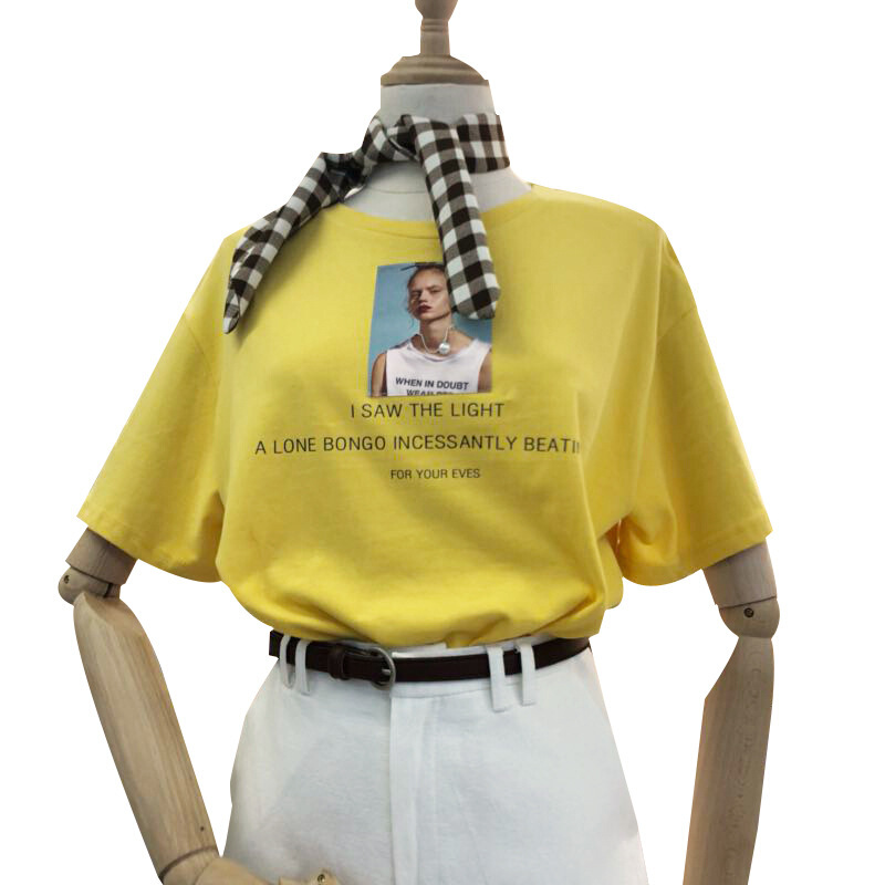 特惠字母印花黄色T恤女短袖2018夏装宽松打底衫学生半袖体恤上衣黄色均码