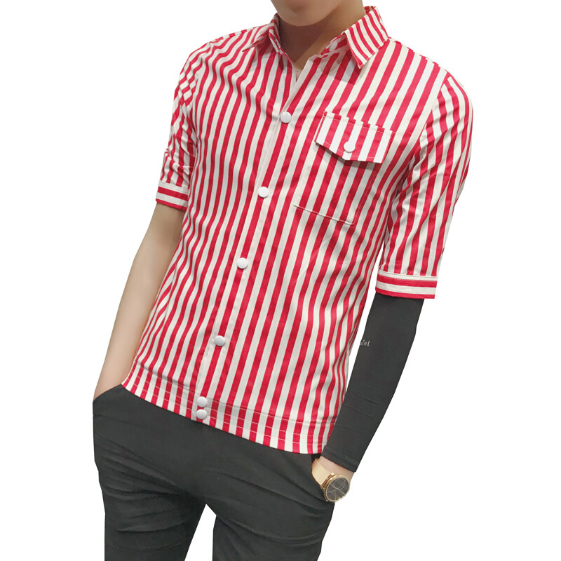 社会精神小伙短袖衬衫男2018夏季新款韩版修身五分袖衬衣帅气男装红白条