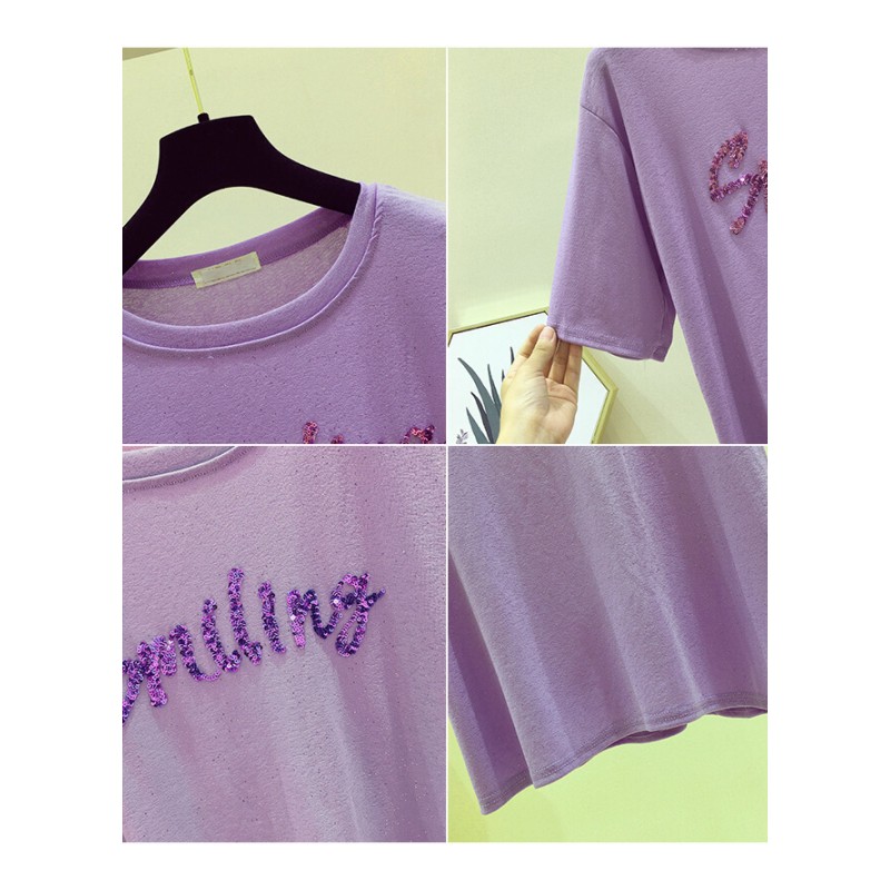 紫色短袖T恤女夏韩版2018新款宽松亮片字母半袖ins超火的亮丝上衣