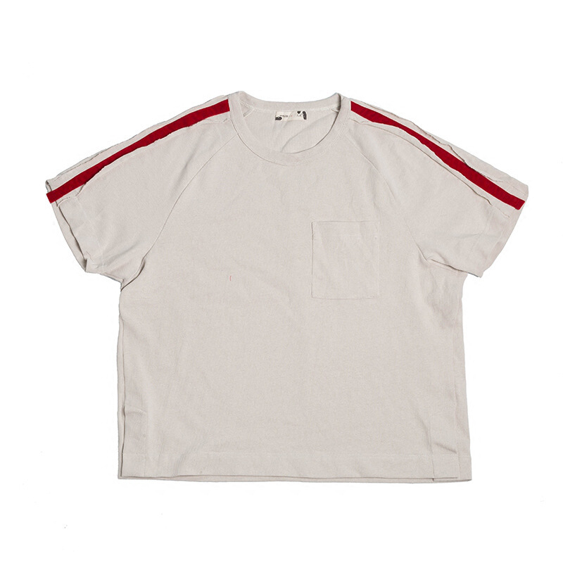 |米白色个性拼条T恤男士夏季新款小清新圆领纯色宽松短袖T恤米白色