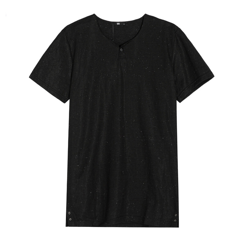 [商场同款]男装夏季男士短袖T恤个性纽扣V领纯色上衣体恤黑色