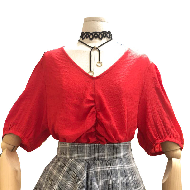 2018夏装新款红色V领短袖套头衬衫女宽松韩范学生衬衣半袖上衣服红色均码