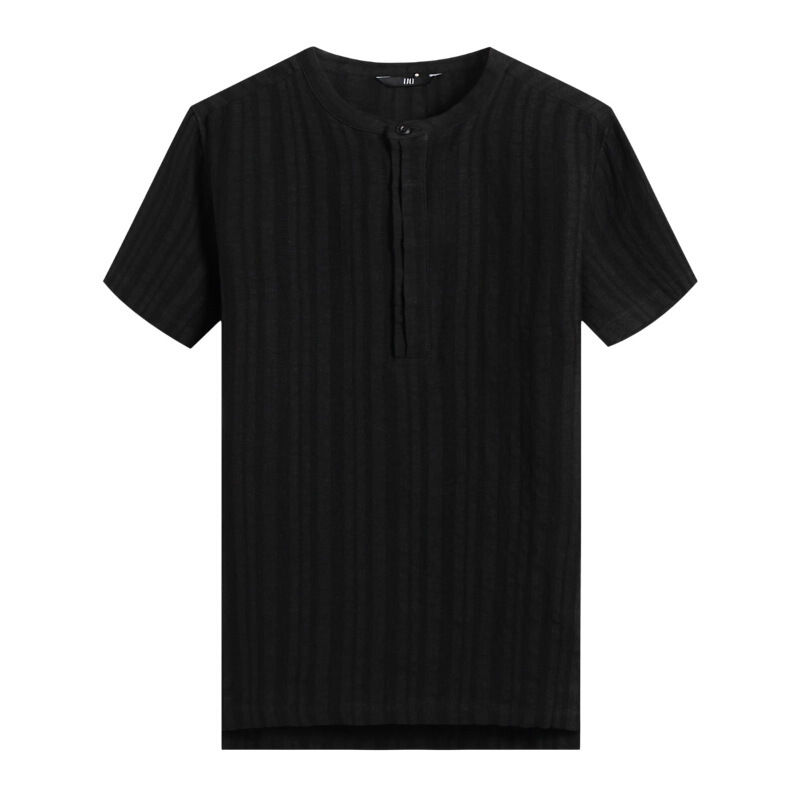 [商场同款]男装亚麻T恤男中国风男装条纹褶皱纯色短袖打底衫黑色