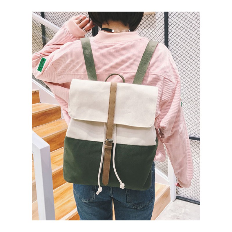 韩国轻复古气质背包日系森女文艺帆布双肩包抽绳搭扣学生校园书包