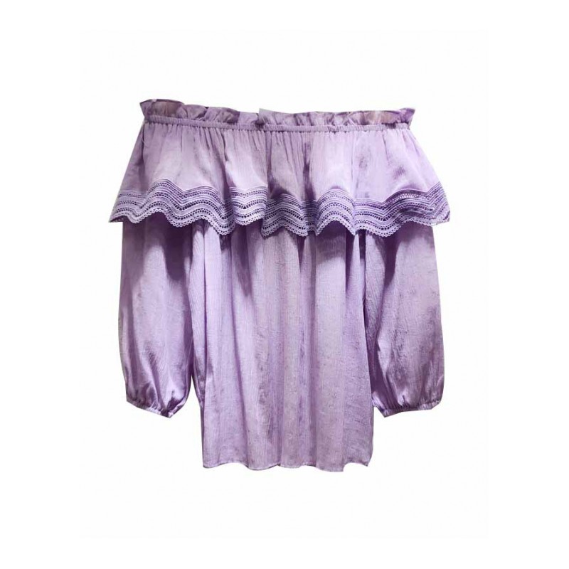 紫色荷叶边一字领衬衫女2018夏装新款甜美气质学生衬衣上衣女紫色均码