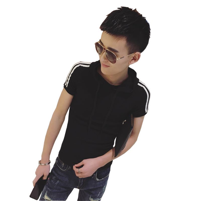 夏季夜店短袖男T恤社会韩版修身连帽条纹型师紧身半袖体恤潮流