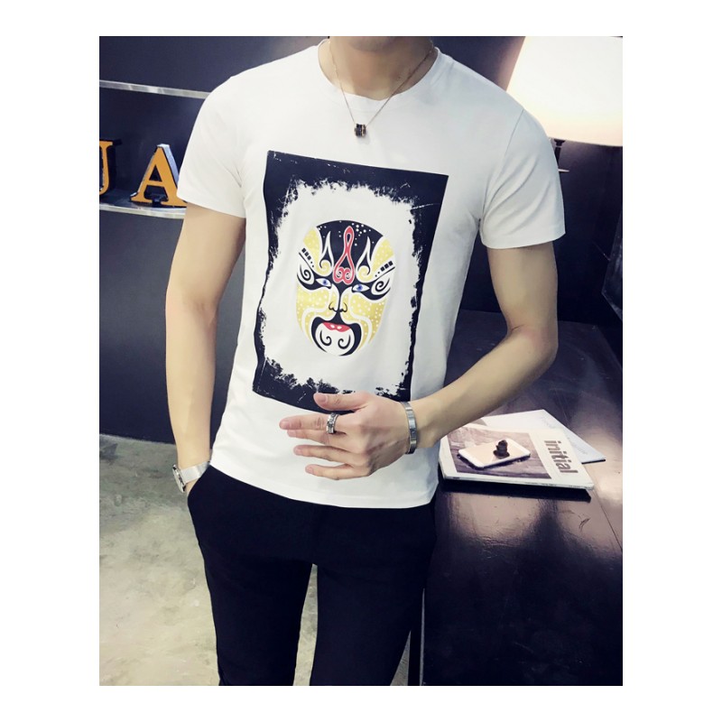 夏季衣服男士短袖T恤韩版时尚圆领图案印花青年半袖潮流修身体恤