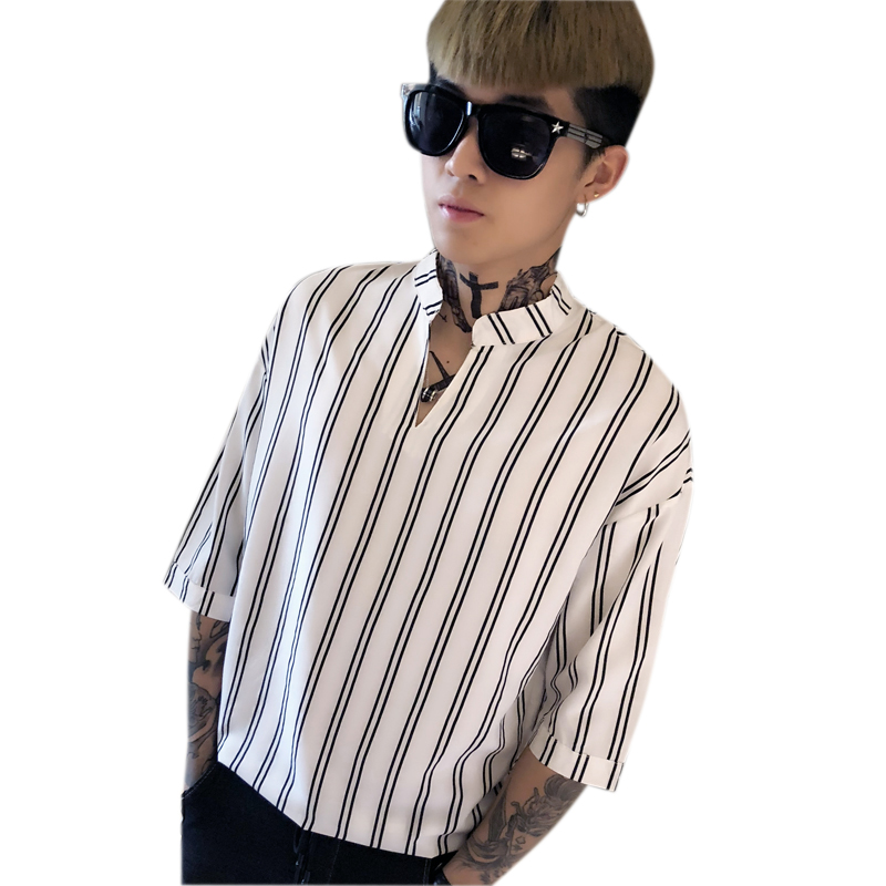 新款条纹短袖衬衫男士五分袖韩版修身夏季中袖衬衣套头立领寸衫潮