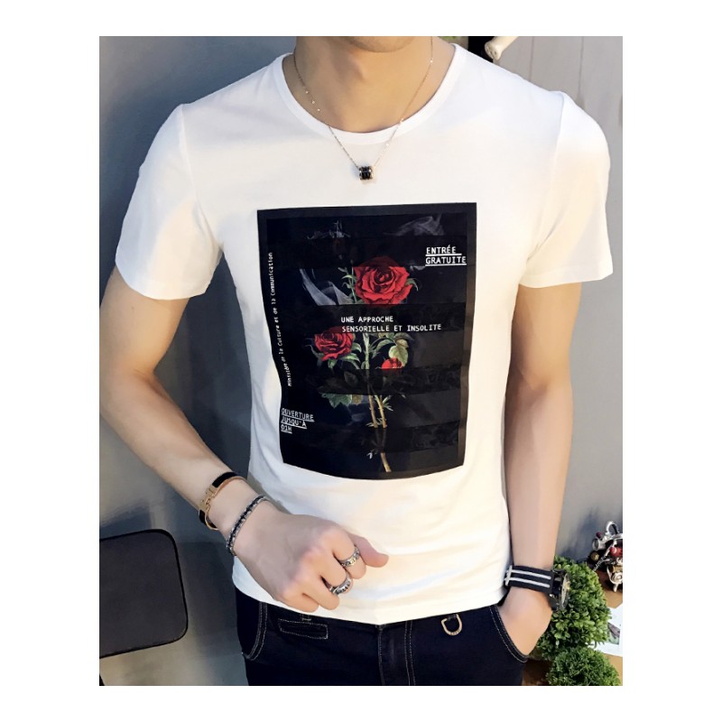 2017夏装男士短袖T恤男韩版修身圆领玫瑰个性图案印花夜店潮男T恤