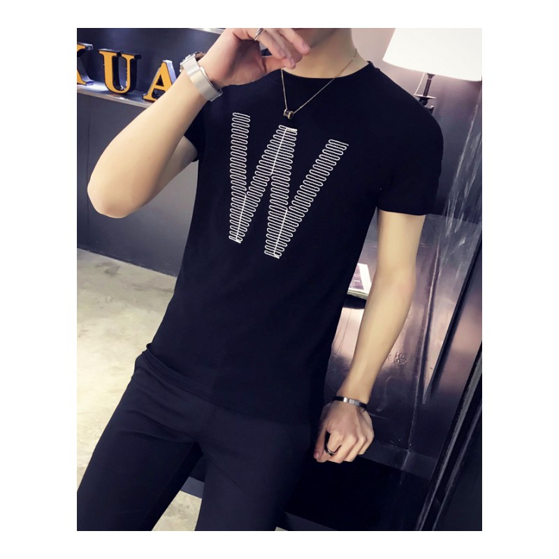夏季圆领短袖T恤男士修身韩版字母刺绣2018新款体恤学生衣服潮流