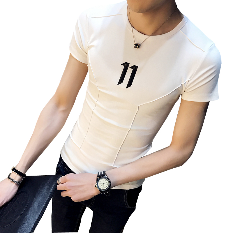 2017夏季男士短袖T恤男韩版修身时尚打底衫夜店印花数字半截袖潮