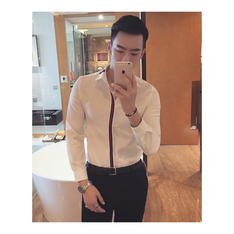 秋装新款衬衫男士修身韩版型师时尚潮流休闲撞色拼接长袖衬衣男