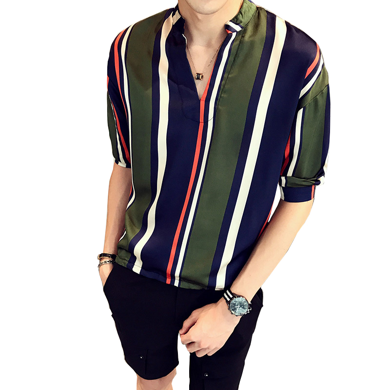 夏季韩版修身男士短袖衬衫男青年休闲英伦时尚条纹型师中袖衬衣