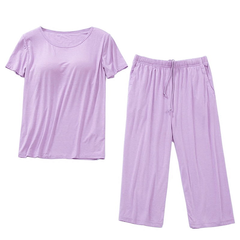 莫代尔女士夏季带胸垫家居服套装半袖T恤薄款宽松 短袖七分裤睡衣