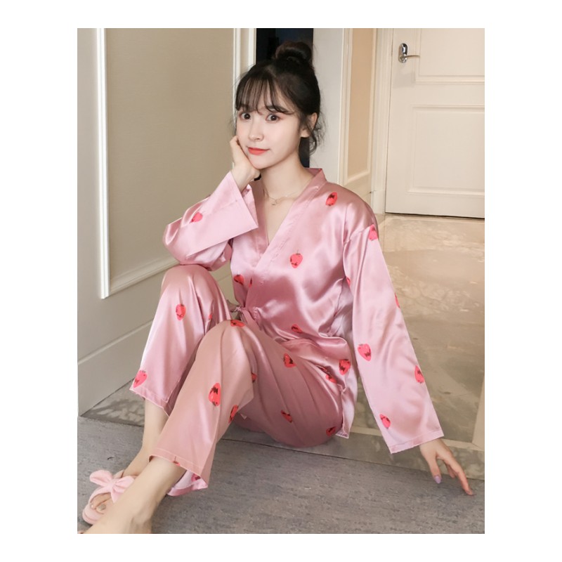 睡衣女春秋季和服长袖冰丝清新学生版韩版真丝绸性感家居两件套装