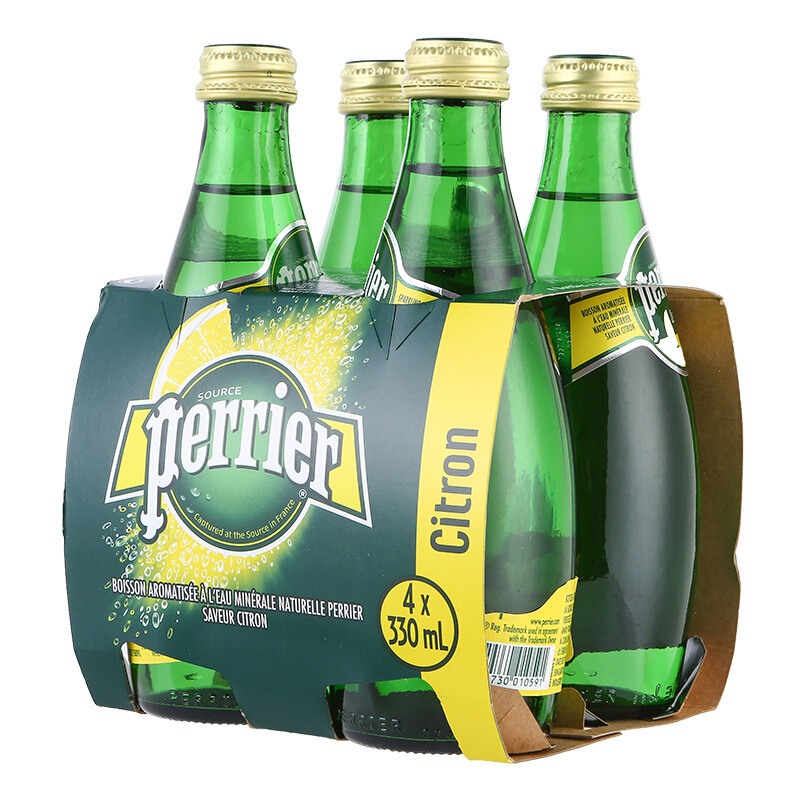 巴黎水(Perrier) 柠檬味 330ml*4玻璃瓶 气泡水 含气天然矿泉水